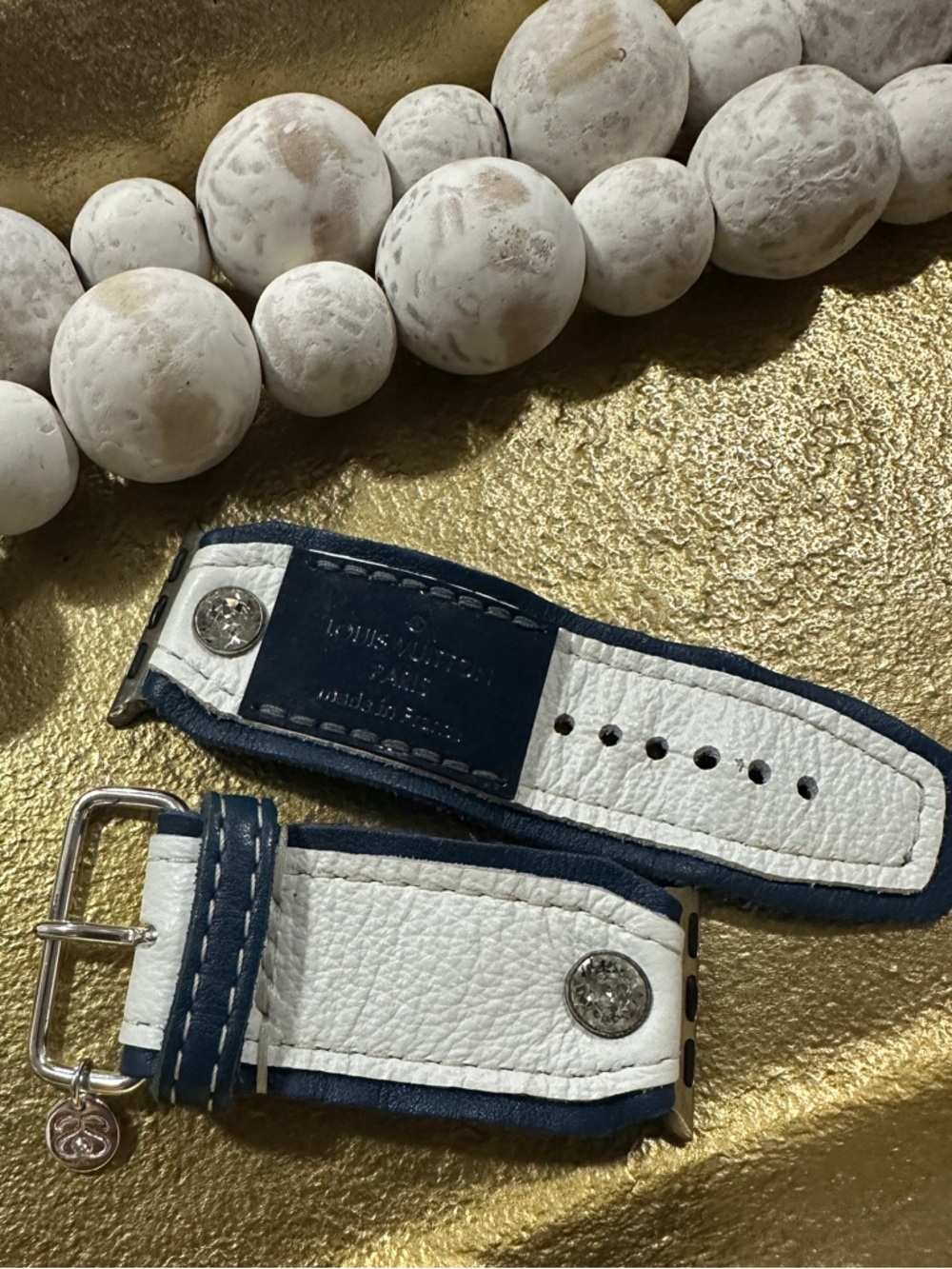 White and Navy Leather Watch Strap with LV patch- size 2 small adapters - Picture 2 of 4